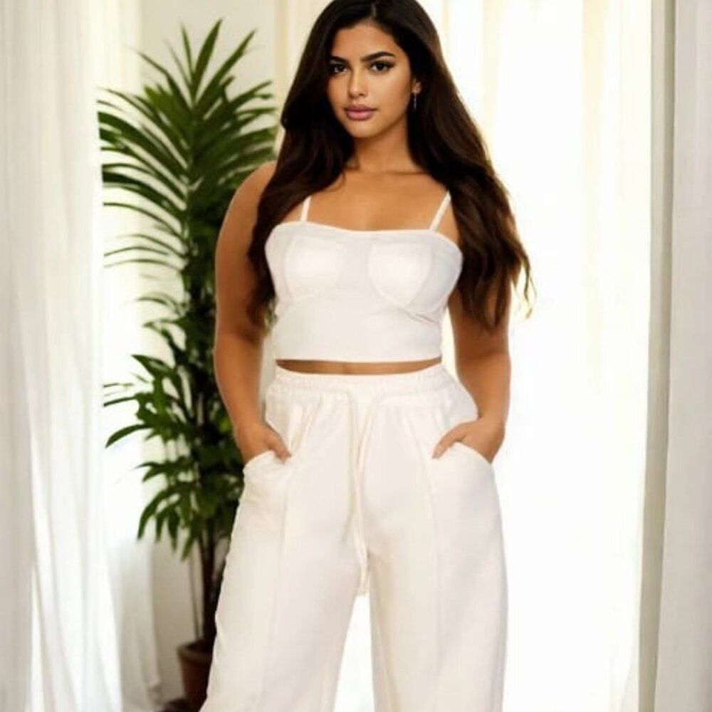 Plus Size bustier crop cami top & slant pocket straight‎ pants